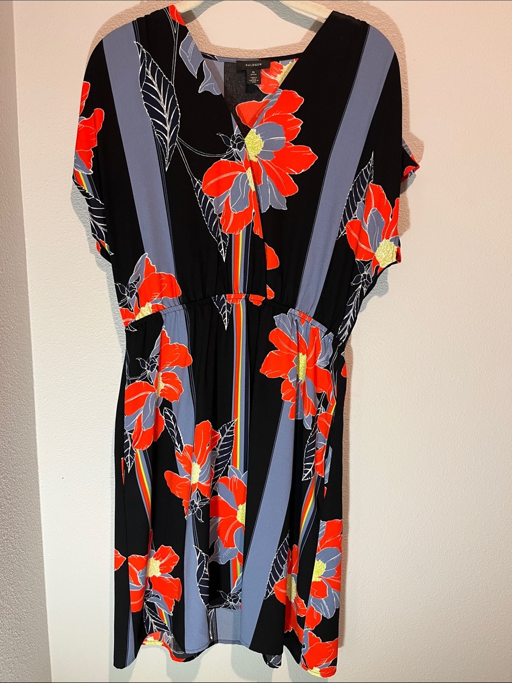 Halogen Black Dress with Red Floral & Gray Stripe Accents